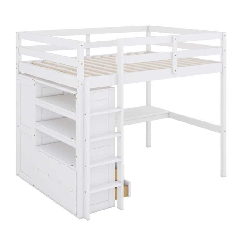 Huegel Full Size Loft Bed With Built-In Wardrobe, Desk And Drawers, White