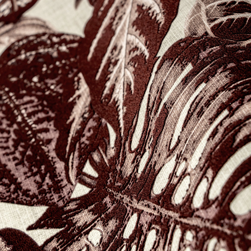 Skookum Flocked Velvet Elephant Leaf 10.05m x 53cm Wallpaper Roll, Burgundy/Peach/Cream