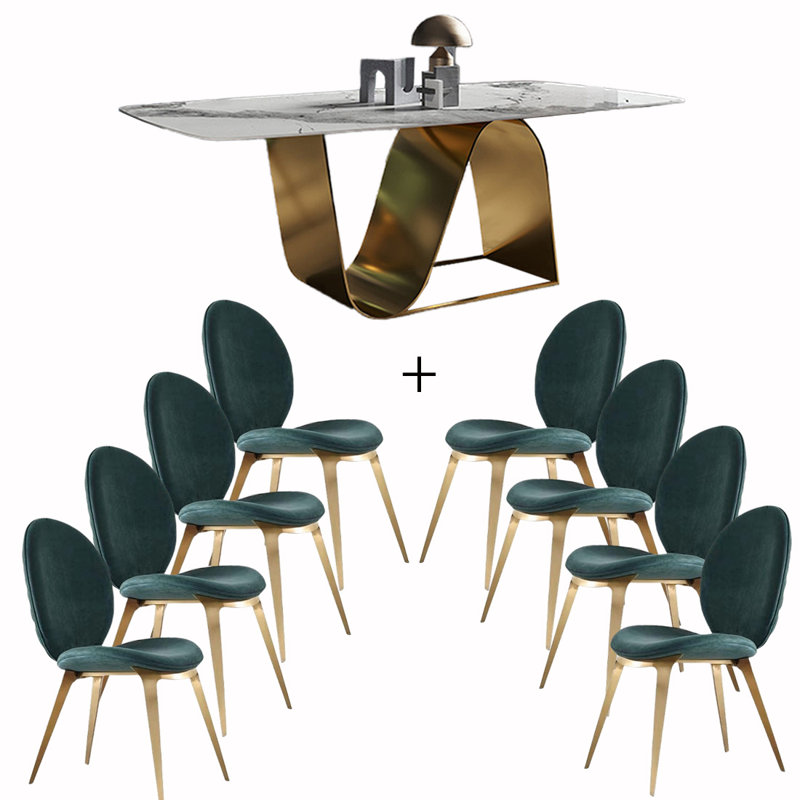 Ensemble de salle à manger rectangulaire, H 29,53 po x L 78,74 po x l 39,37 po, 9 pièces : table, 8 chaises, White/Gold