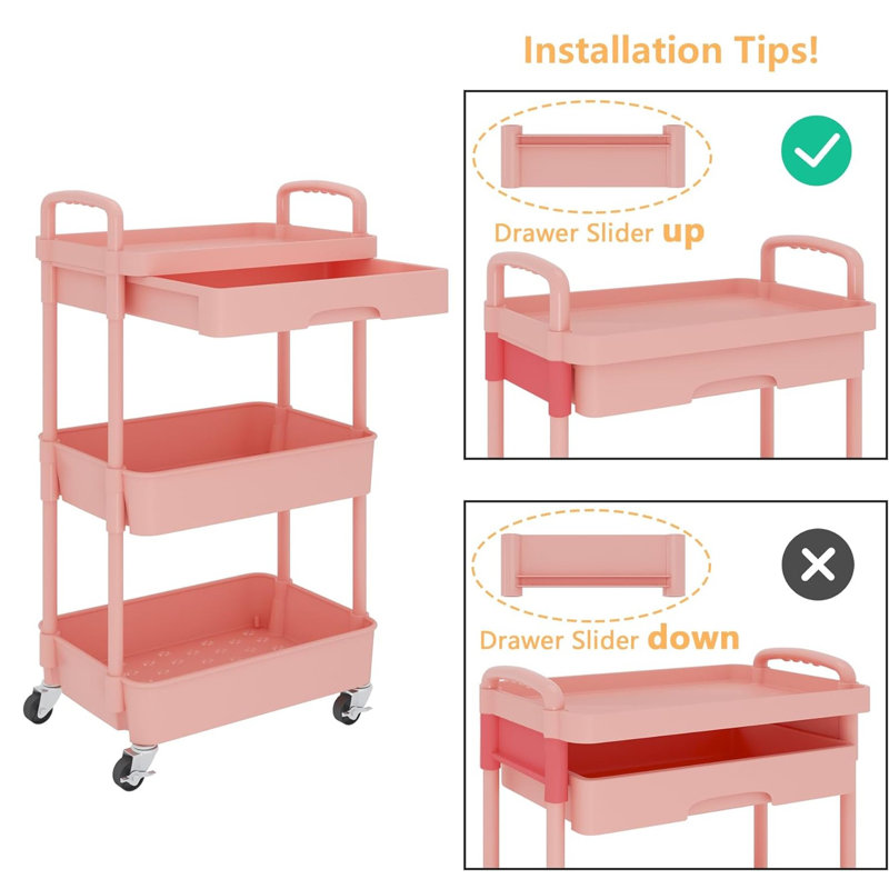 Pink Metal 3-Tier Rolling Utility Cart with Drawer
