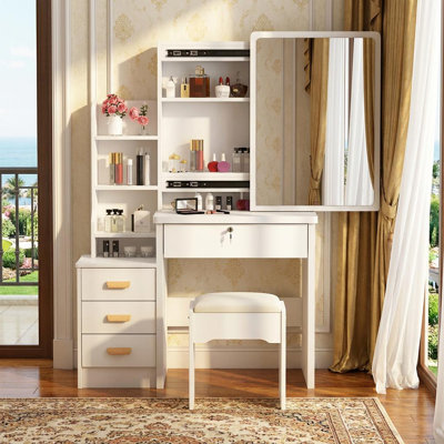 Stylish Vanity Set Featuring A Sliding Mirror, Lighting, And A Makeup Chair; Vanity With Hidden And Open Shelves; Led-lit Vanity Mirror And Table Set With Three-color Adjustable Lighting; 4 Drawers; White
