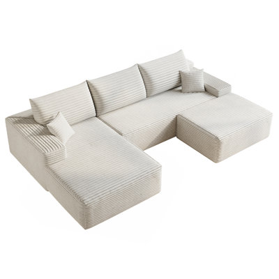 Canapé modulaire 107 po avec 1 repose-pieds Cloud, fauteuils rembourrés minimalistes modernes, canapé confortable en forme de U pour le salon, canapé d'angle à siège profond, aucun assemblage requis (tissu en velours côtelé moelleux), blanc