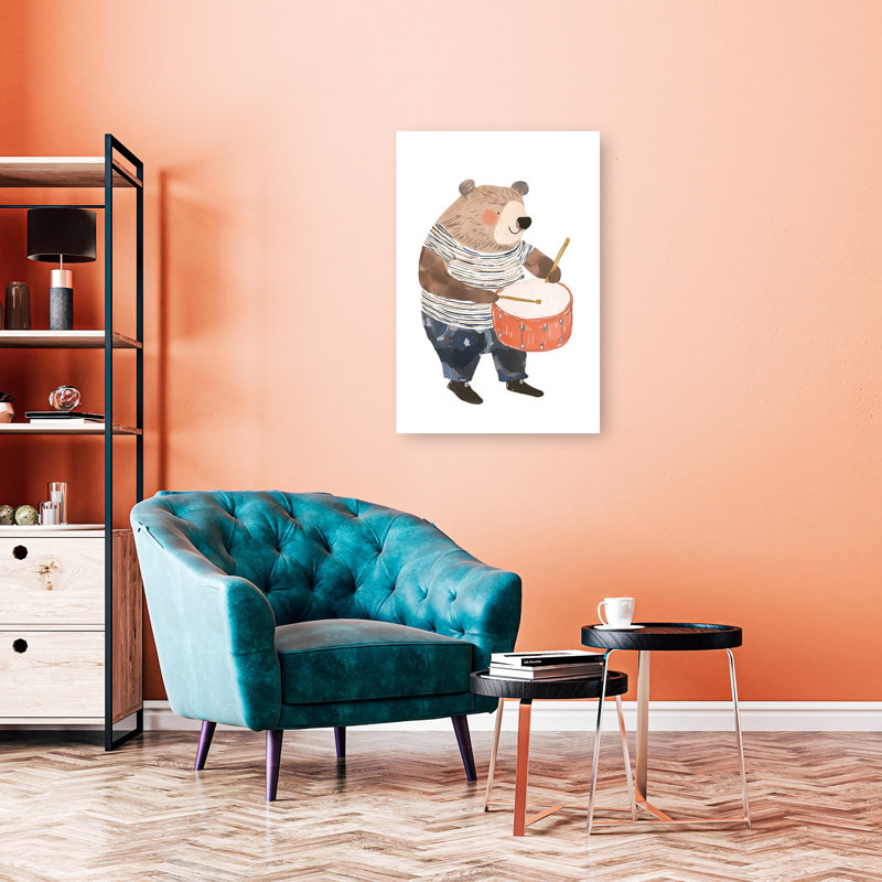 Happy Bear Drummer Playful Contemporary Bear Wall Art Print 1 Piece Wrapped Canvas Wall Art, 91.44cm H x 60.96cm W