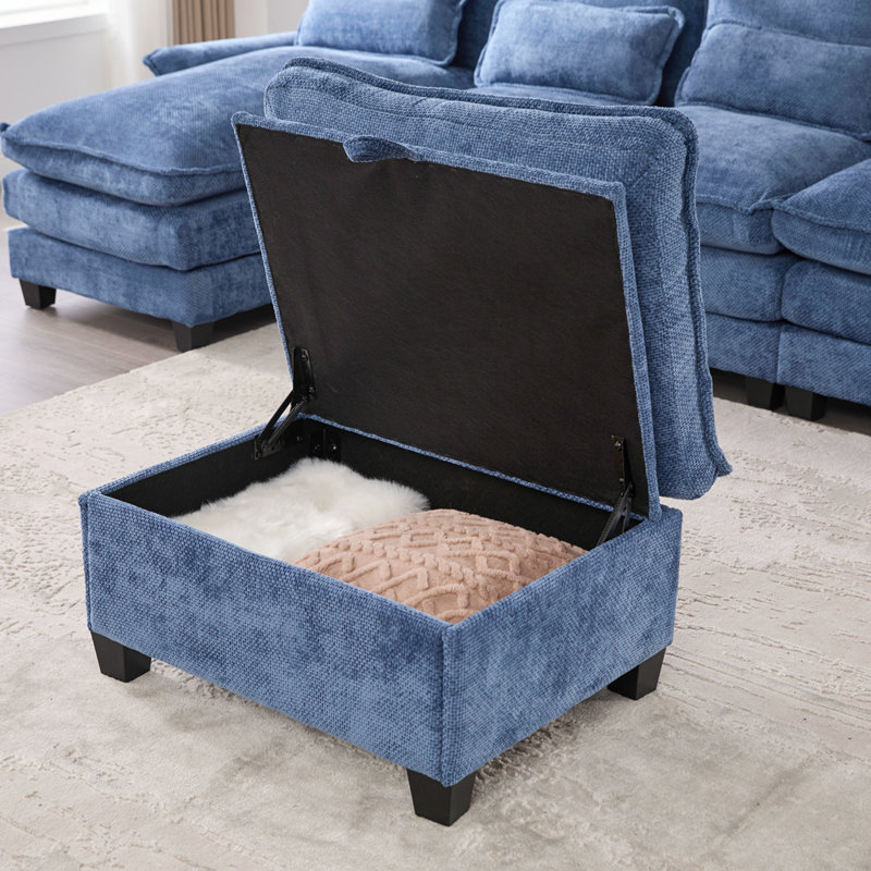 Canapé modulaire en forme de U de 106 po avec méridienne, repose-pieds et coussins, Chenille bleue marine