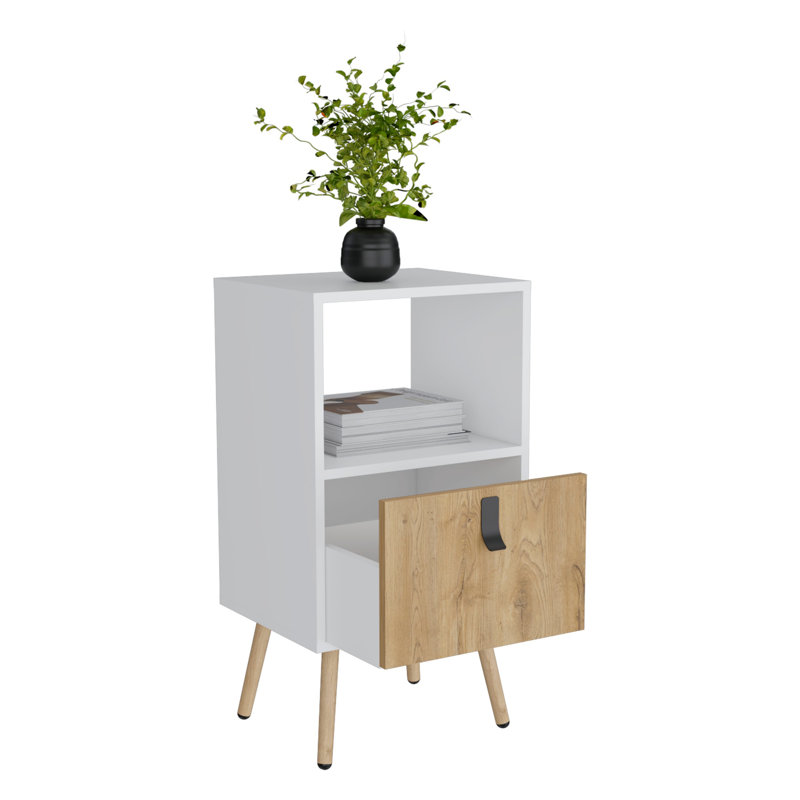 Grande table de chevet avec tiroir, tablette ouverte et pieds en bois