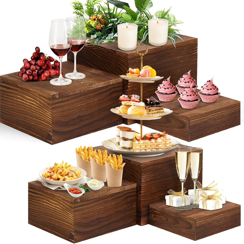 6-Piece Rustic Brown Wood Display Riser Set for Dessert Tables and Party Decor