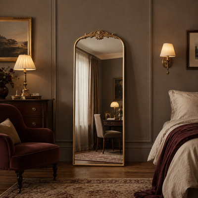 Miroir sur pied baroque français doré antique, 60 x 142 cm, cadre en fer arqué, verre argenté HD 4 mm, à poser ou à fixer au mur, idéal pour une chambre, une entrée ou un dressing.