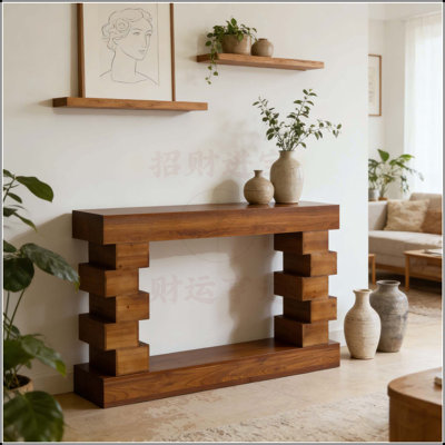 Geometric Block Stacked Wood Console Table with Warm Natural Finish, Perfect for Modern and Artistic Interiors