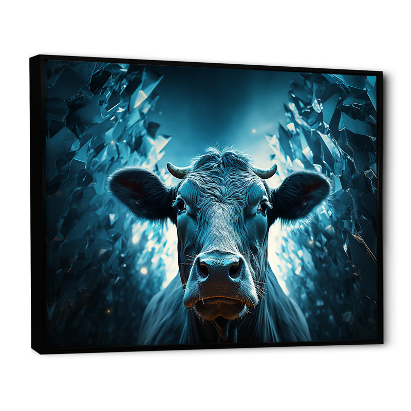 Portrait d'une vache bleue, Cadre flottant noir, H 16 po x l 32 po x P 1 po