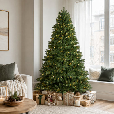Arbre de Noël artificiel vert 5,5 à 7,5 pi, lumières DEL blanc chaud, branches pleines réalistes en PVC de qualité supérieure, support robuste, assemblage facile, décoration intérieure pour les fêtes de Noël