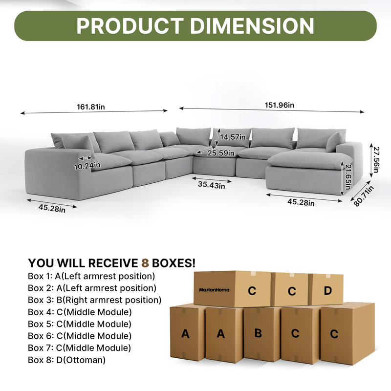 Canapé modulaire rembourré 8 pièces en chenille 8 pièces, Gris