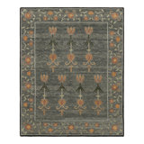Rug & Kilim’S Block Print Rug, Teal And Gray Tones With Whimsical Floral Pattern