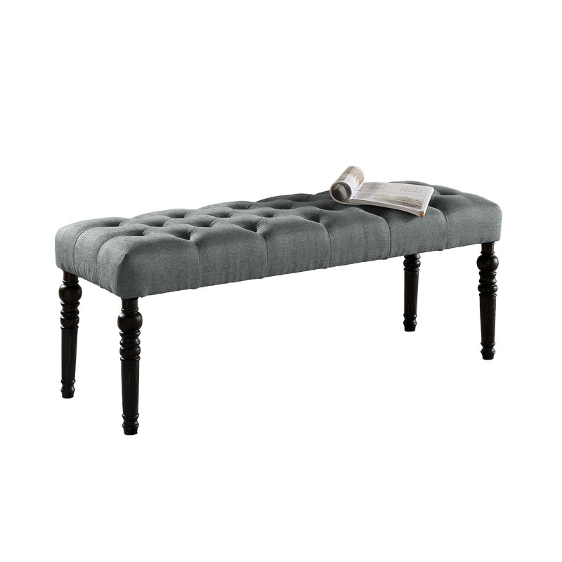 Tufted Turned Leg  Dining Bench, Gray