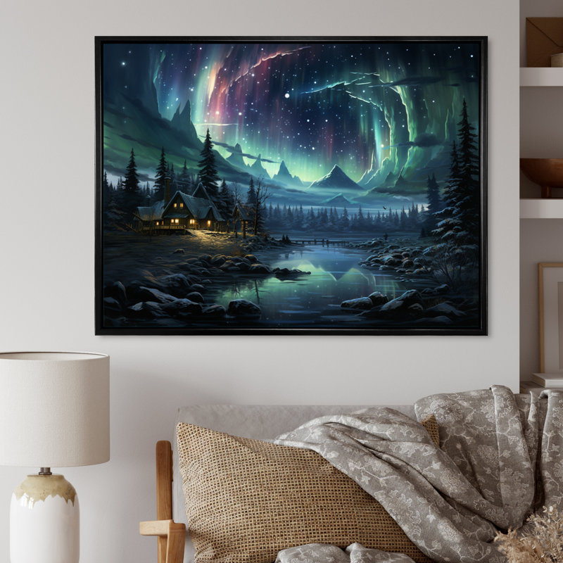 Northern Lights Starry Night III sur impression sur toile, Cadre flottant noir, H 16 po x l 32 po x P 1 po