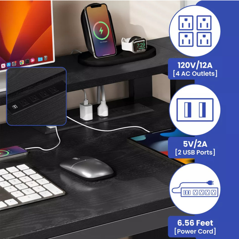 Balconera 65'' L Shaped Desk With Power Outlets, LED Lights & Monitor Stand, Black