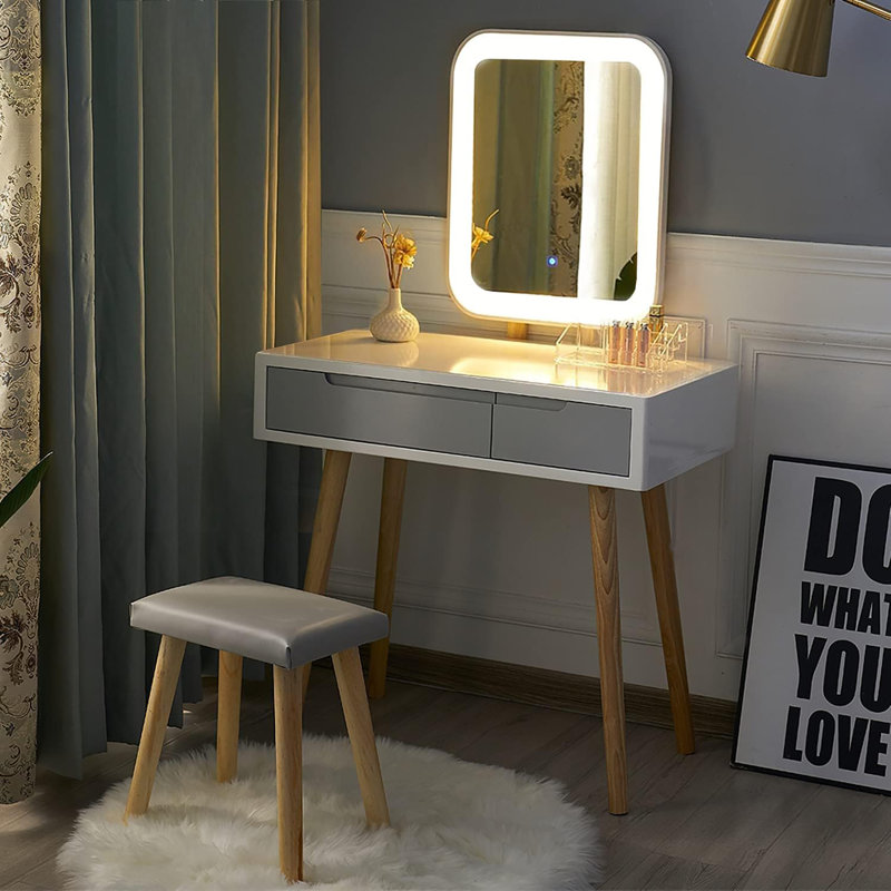 Vanity Table Set with Adjustable Brightness Mirror and Cushioned Stool