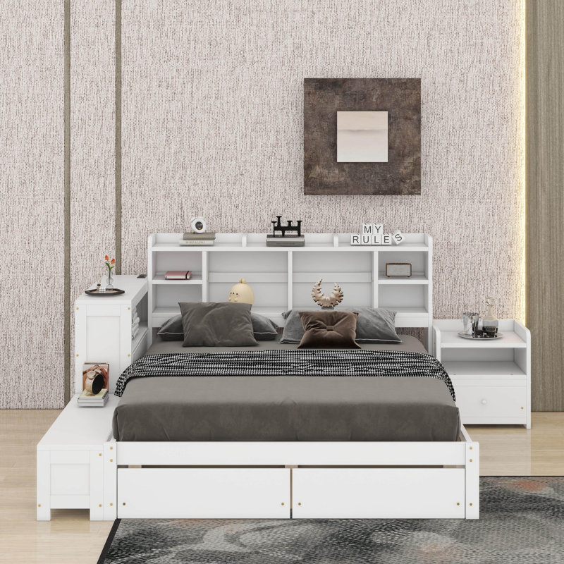 Lit plateforme double en bois avec espace de rangement multifonctionnel, tiroirs, ports USB et bureau, Blanc