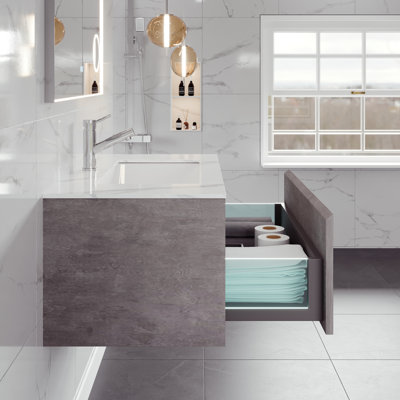 Aurora 36 po Meuble-lavabo mural simple en béton gris avec comptoir en quartz de Carrare et lavabo en porcelaine encastré