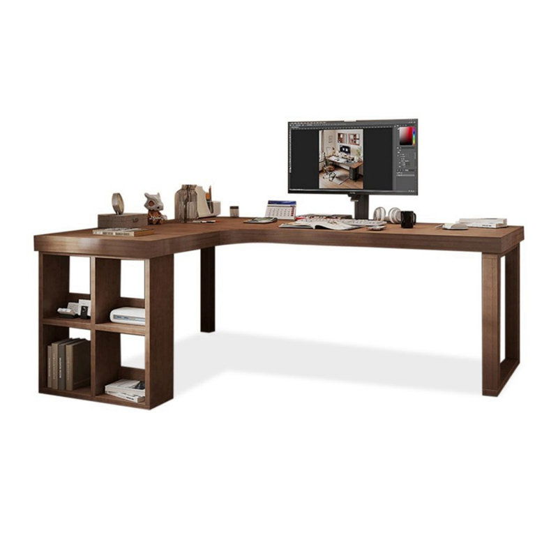 Bureau en coin en bois massif avec tablette en L et bibliothèque, 29.53" H x 78.74" W x 55.12" D, Retour à gauche