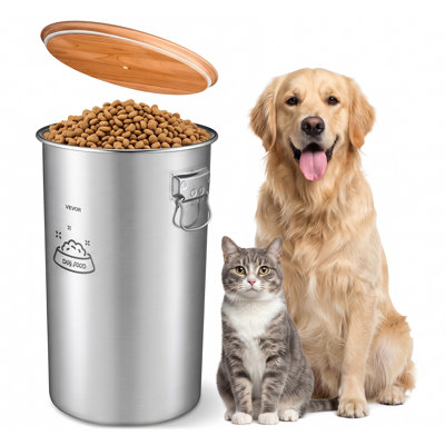 Conteneur de stockage en acier inoxydable pour aliments pour chiens et chats, capacité de 35 L (30 lb / 9,25 gal), couvercle hermétique et double poignée, conserve la fraîcheur des aliments et se nettoie facilement.