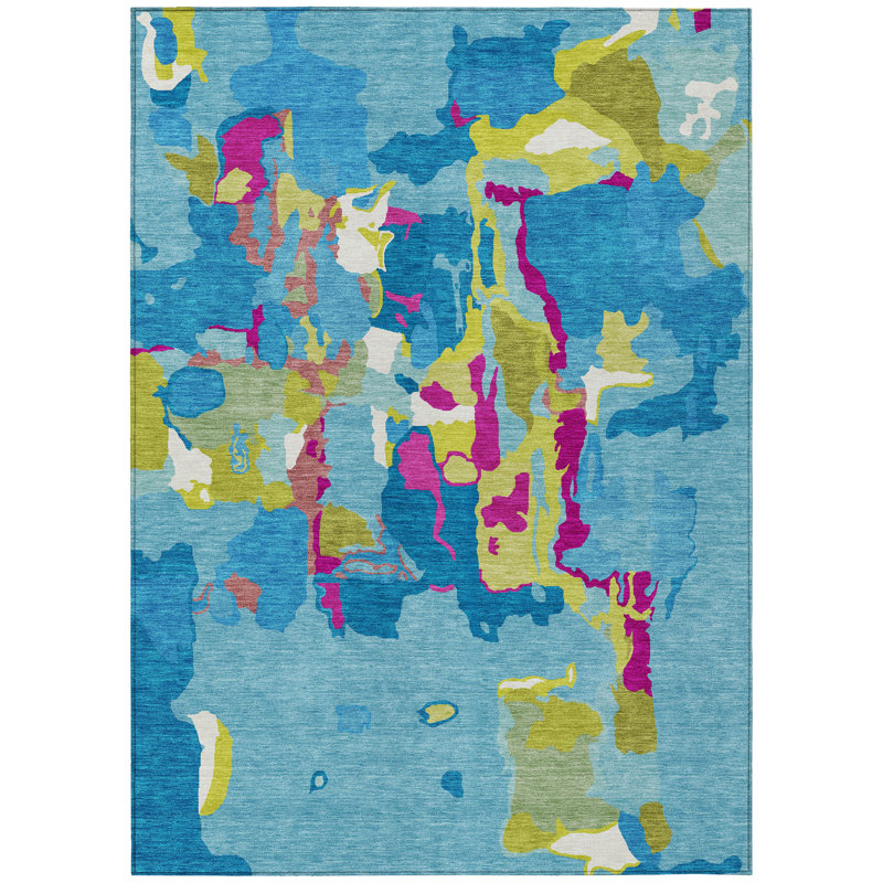Tapis extérieur lavable abstrait 10 pi x 14 pi vert et rose turquoise