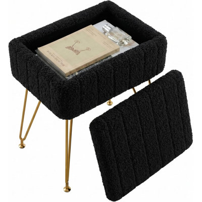 Vanity Stool with Storage, Faux Fur Ottoman, Metal Legs, Anti-Slip Feet, 15.7" Seat for Makeup Room