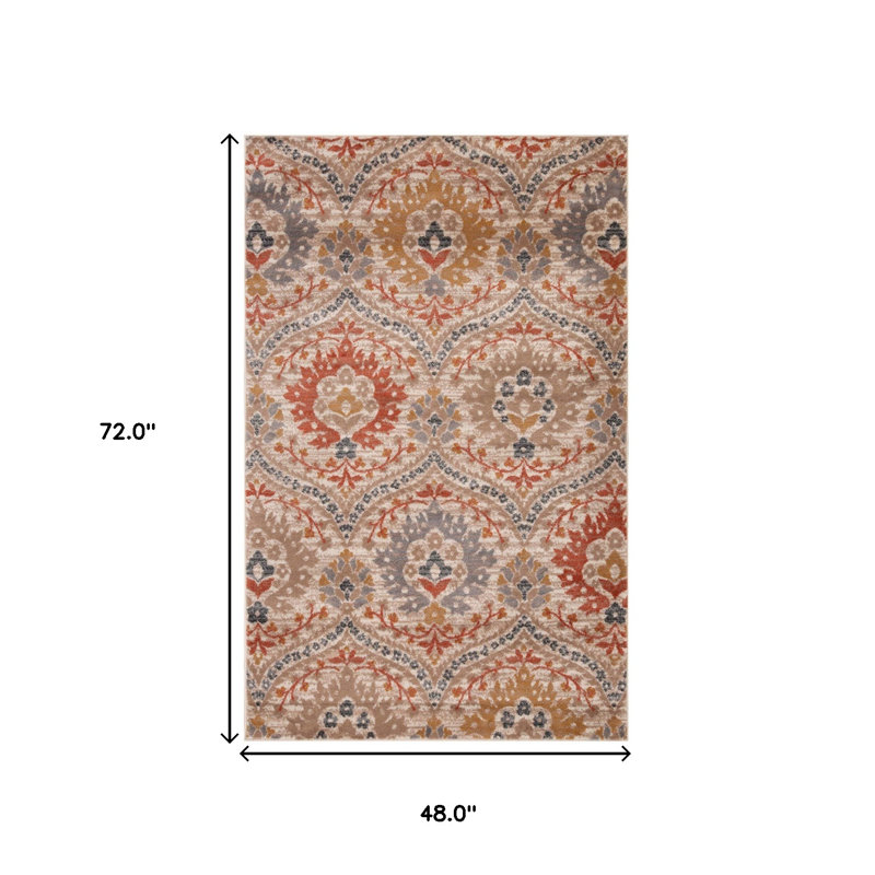 Tapis floral ivoire, orange et gris 4 pi x 6 pi résistant aux taches