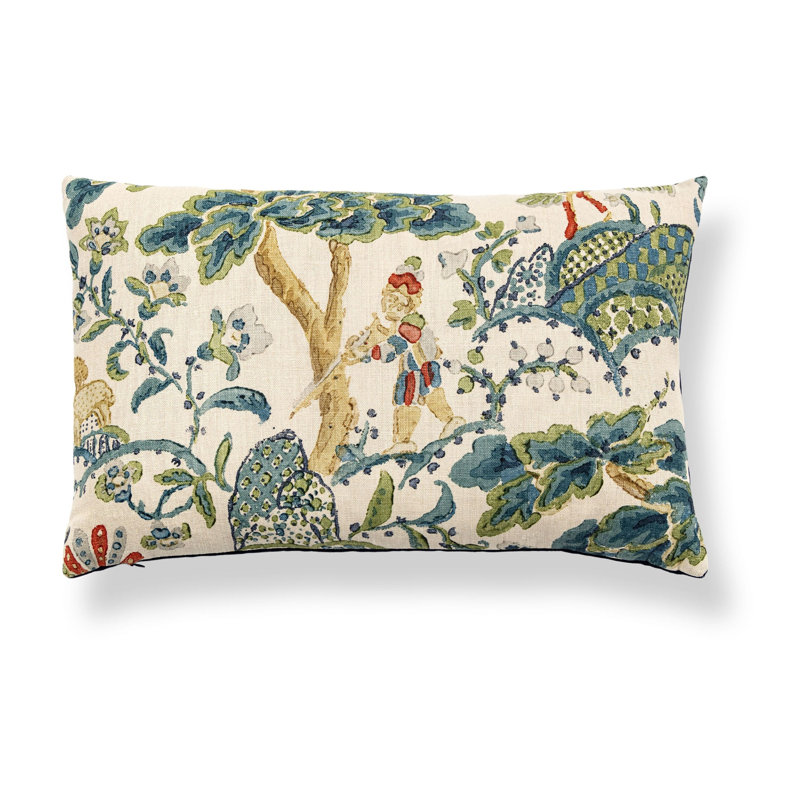 Kelmescott Hand Block Lumbar Pillow, Peacock/Sand Floral