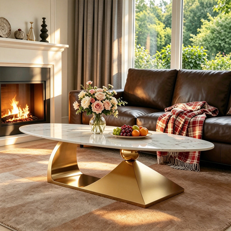 Table basse moderne ovale avec plateau en faux marbre et base sculpturale dorée