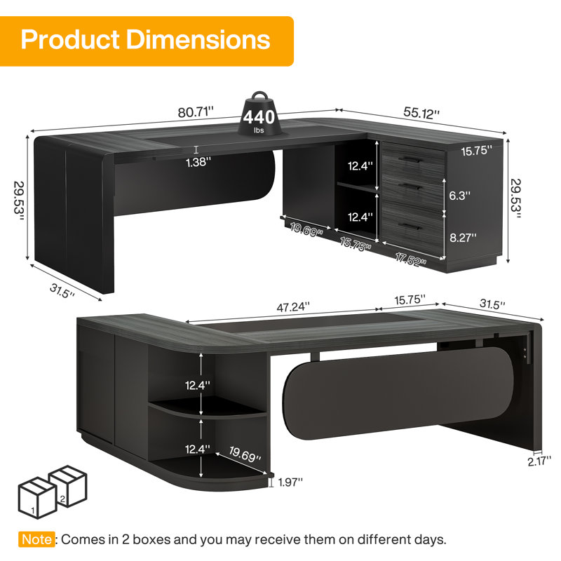 81" L-Shaped Office Desk, Large Computer Desk with Drawers and File Cabinet, Modern Executive Desk with Storage Shelves