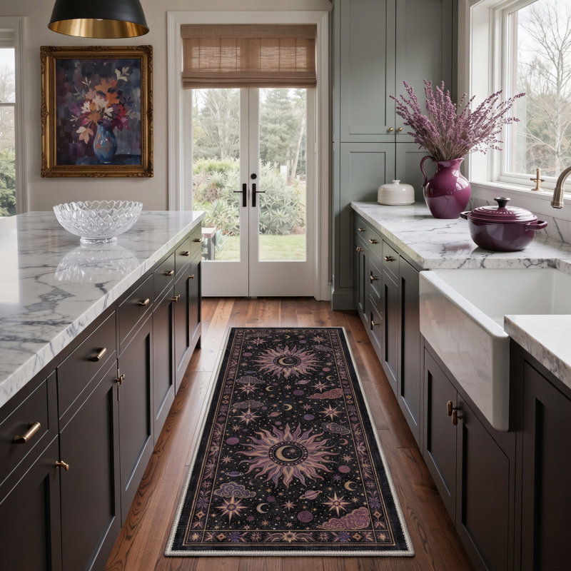 Tapis de couloir noir / mauve lavable à la machine avec envers antidérapant, Tapis de couloir 84 po x 24 po