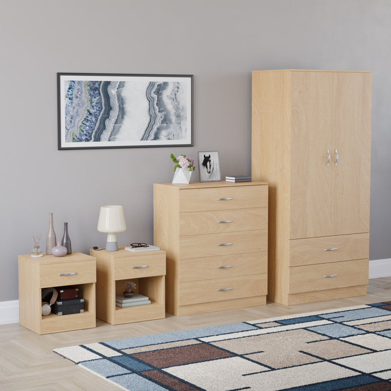 Tayce 4 Piece Bedroom Set (1 Drawer Bedside Chest X2, 5 Drawer Chest, 2 Door 2 Drawer Wardrobe), Tan