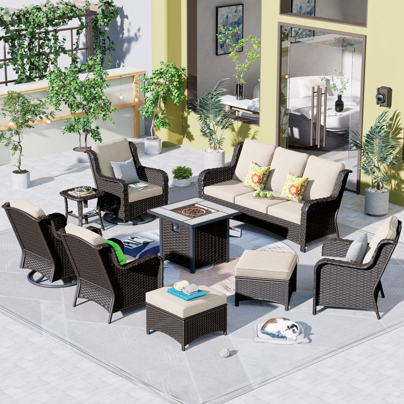 Cracraft Wicker 7 - Person Patio Conversation Set with Cushions, Beige, Brown