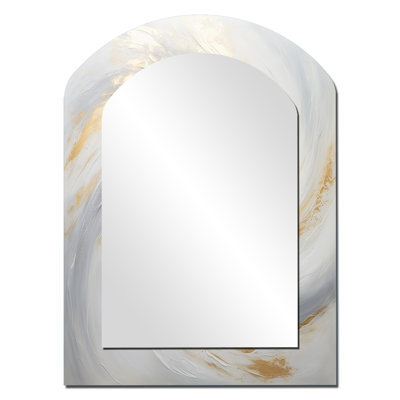Gold And White Soft Wave Vortex II - Abstract Spirals Arch Wall Mirror, Modern Asymmetrical Decorative Mirror, Printed Metal Art