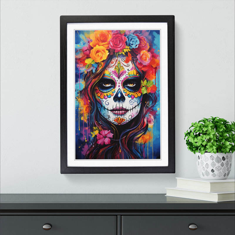 Sugar Skull Action Painting - Single Picture Frame Print on Wood, 34cm H x 25cm W x 2cm D, Black