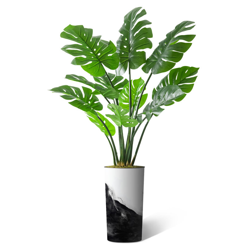 Arbre artificiel dans un pot de fleurs moderne, décoration d'arbre en soie artificielle Monstera (pot et arbre), H 65 po