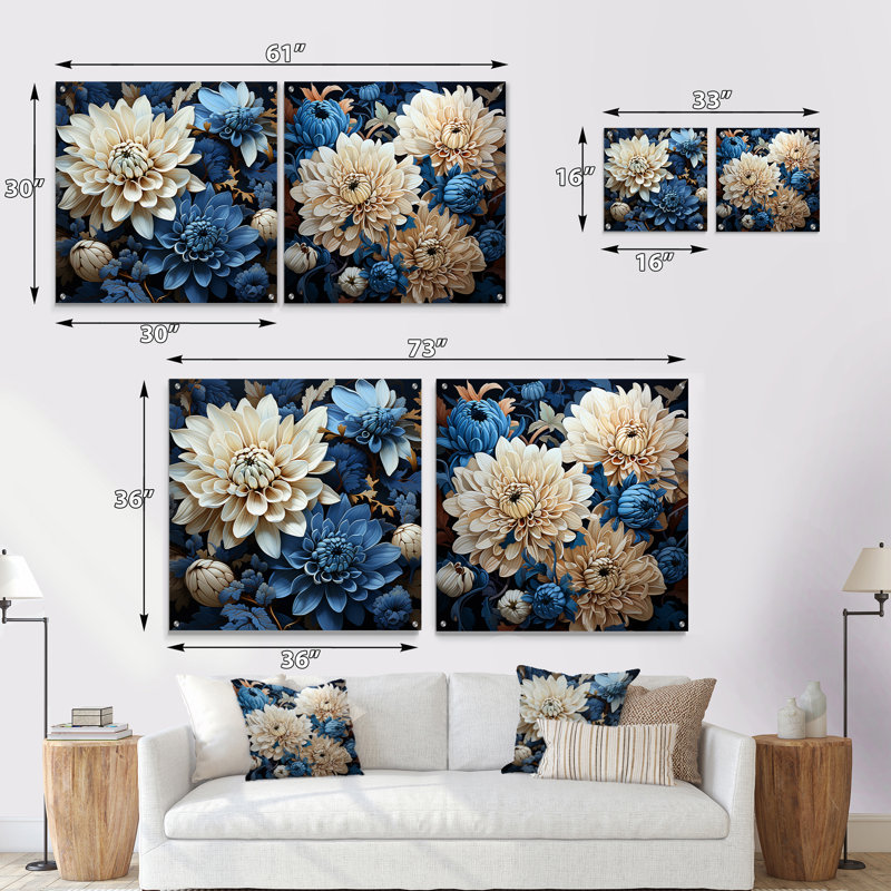 Ensemble de 2 mosaïques de chrysanthèmes en acrylique pur blanc et bleu, H 16 po x l 33 po