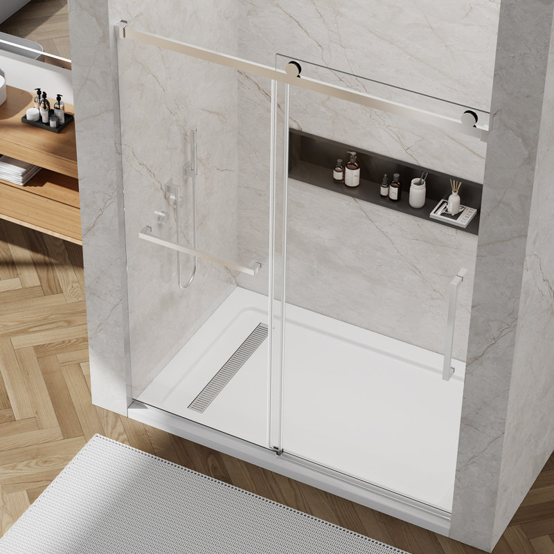 56-60'' - W x 76'' H Single Sliding Shower Door with Nano Coating Easy-clean Stainless Steel Frameless Shower door Chrome