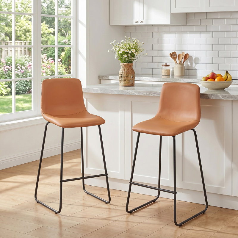 Ensemble de 2 tabourets de bar modernes en cuir de polyuréthane, tabourets de bar à hauteur de comptoir avec dossier, chaises d'îlot de cuisine de style Mid-Century avec structure en métal robuste