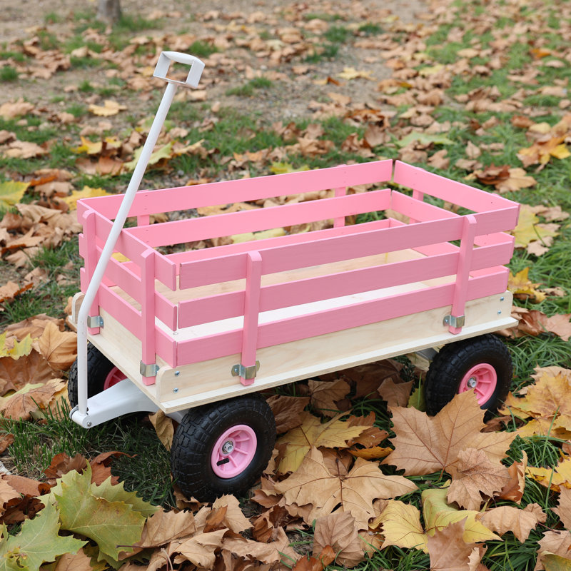 Chariot à tirer rose en bois pour enfants avec rails latéraux amovibles et roues tout-terrain, chariot de jardin extérieur robuste pour tout-petits, chariot-jouet portable pour jouer à la plage, au camping et dans la cour arrière