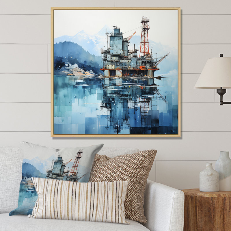 Blue Oil Rigs Fields Industrial I - Oil Rigs / Fields Canvas Print, H 16 po x l 16 po x P 1 po, Cadre naturel flottant