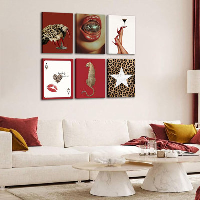 6 pièces d'art mural léopard à la mode rouge Funky Lucky Wall Decor As of Hearts Spades Poker Impressions sur toile Vintage Room