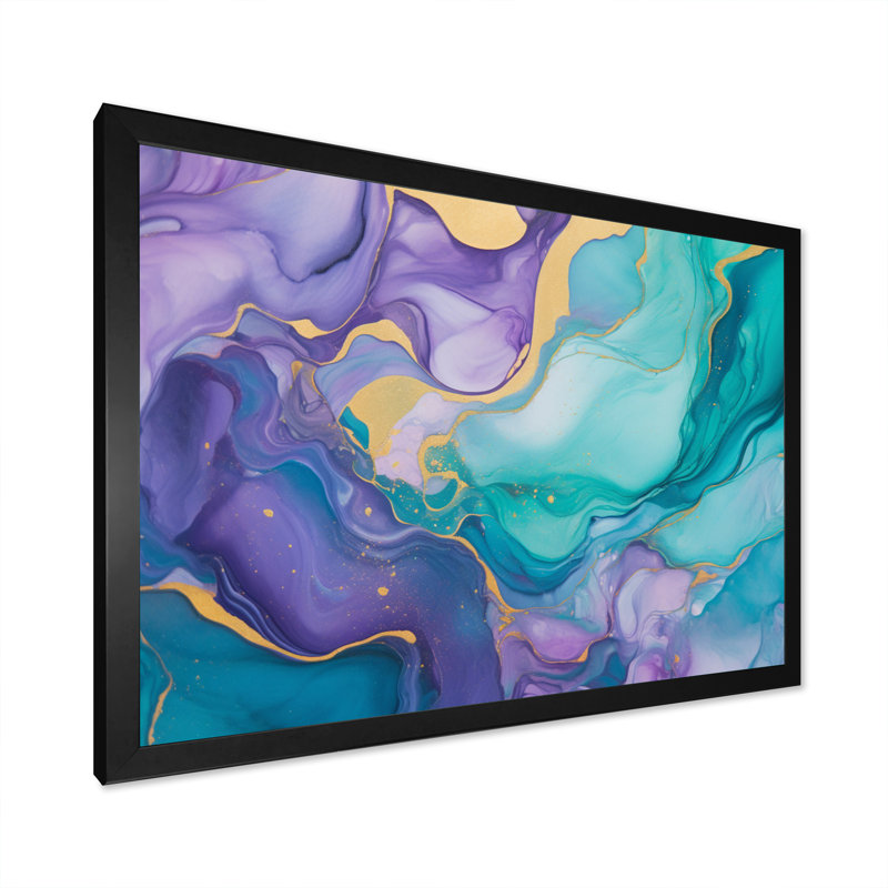 Art mural turquoise et mauve liquide II - Fractals, Cadre simple noir, H 24 po x l 32 po x P 1 po