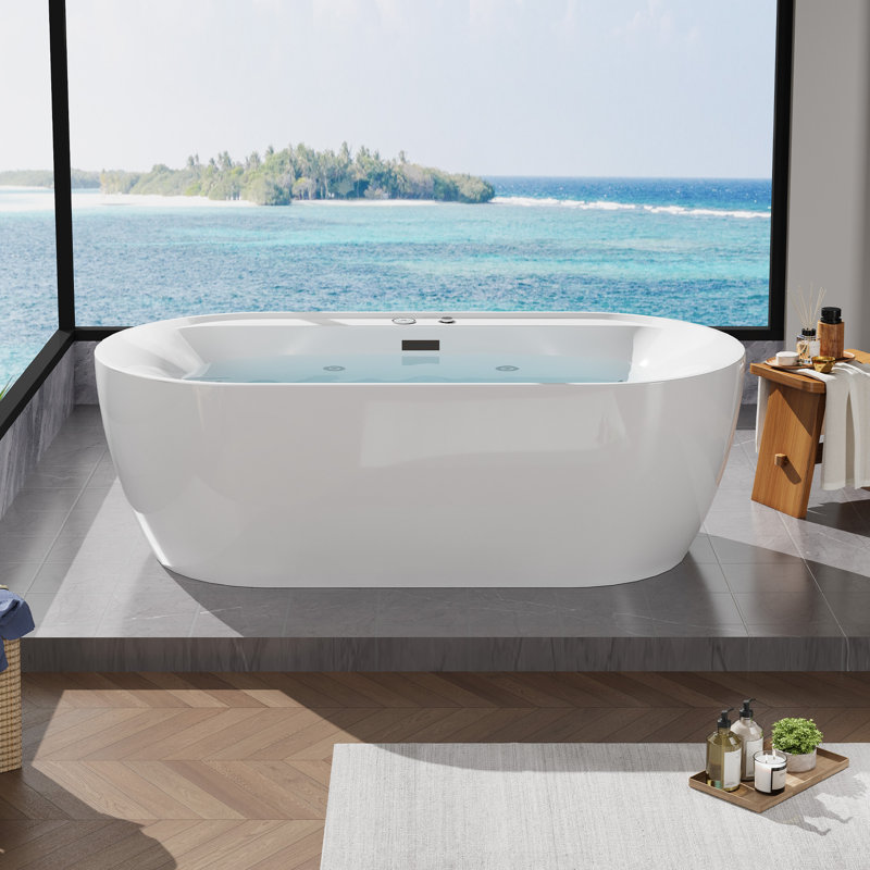 71" Luxury Acrylic Freestanding Bathtub with Air Bubble & HydroJet Massage, Multi-Color LED Mood Lighting, Oversized Soaking Spa for Modern Bathrooms