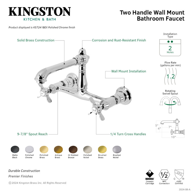 Kingston Brass Essex Two-Handle 2-Hole Wall Mount Bathroom Faucet, Brushed Brass