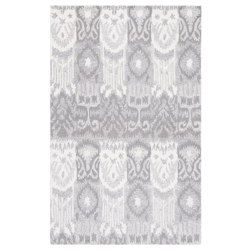 Ikat Hand Tufted Wool/Cotton Ikat Rug in Ivory/Gray, Rectangle 4' x 6'