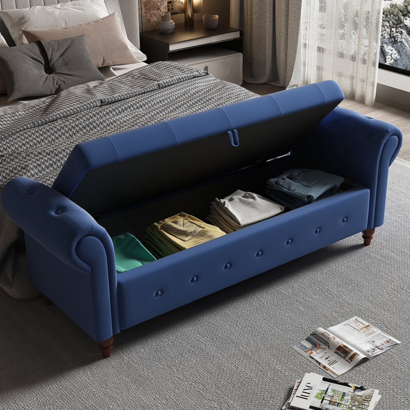63" Bed Bench Tufted Fabric, Navy Blue