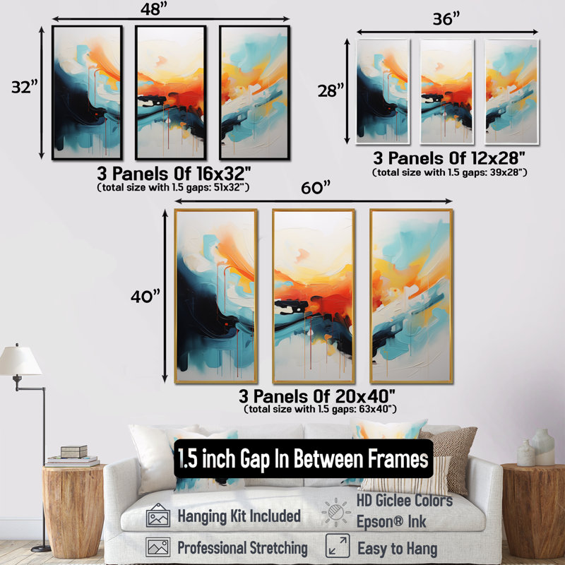 Bleu et orange, vagues abstraites colorées V - art mural abstrait, Cadre flottant doré, H 40 po x l 60 po x P 1 po