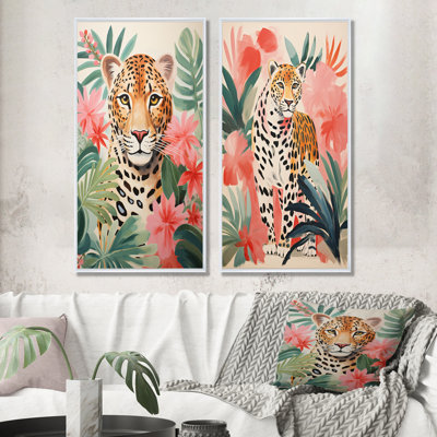 Léopard vert et rose dans la jungle I - ensemble de 2 impressions sur toile léopard