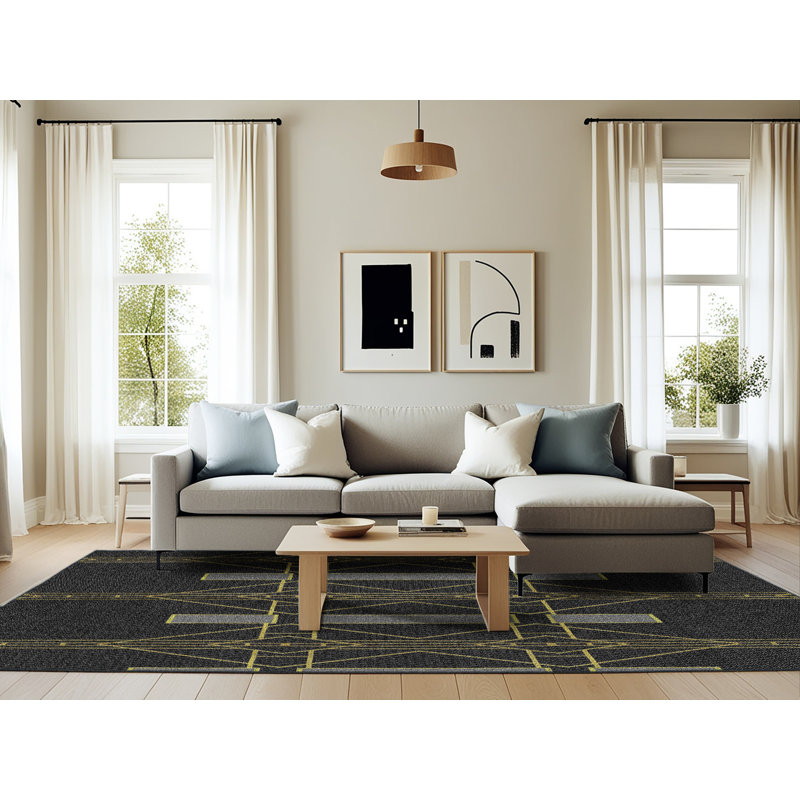 Tapis noir à motifs géométriques, Rectangle 6 pi x 9 pi
